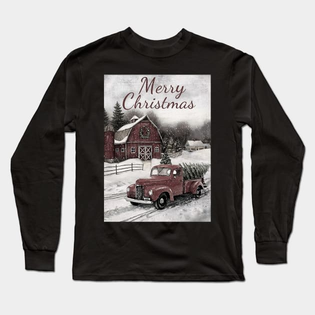 Red vintage car Christmas tree - Merry Christmas Long Sleeve T-Shirt by LukjanovArt
